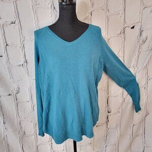 ISELA Aqua Blue V Neck Rounded Hi Lo Hem Soft Cozy Pullover Casual Sweater Large